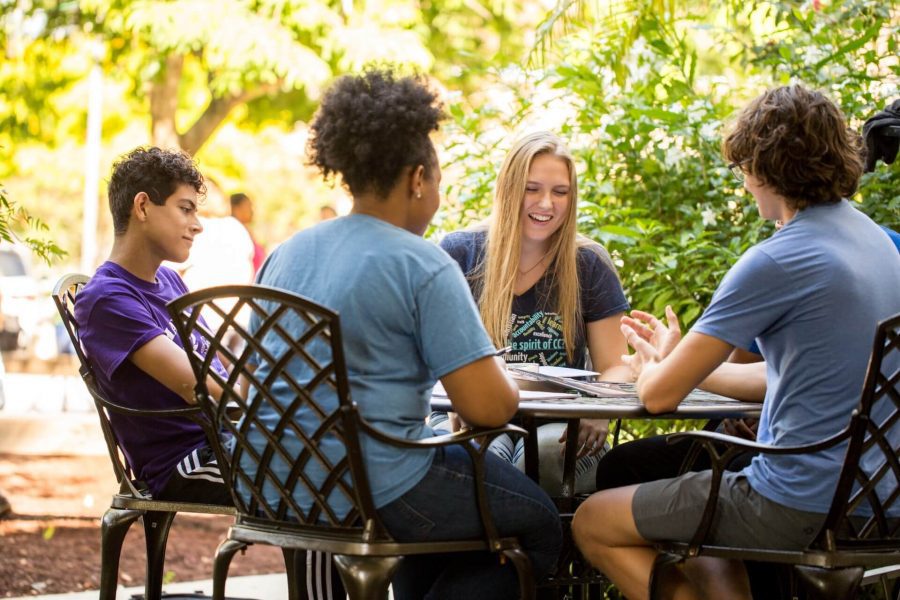 a group of challenge students studying outside