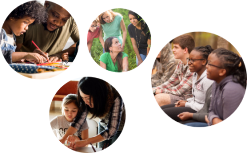 four circle images of different homeschool students and parents all learning